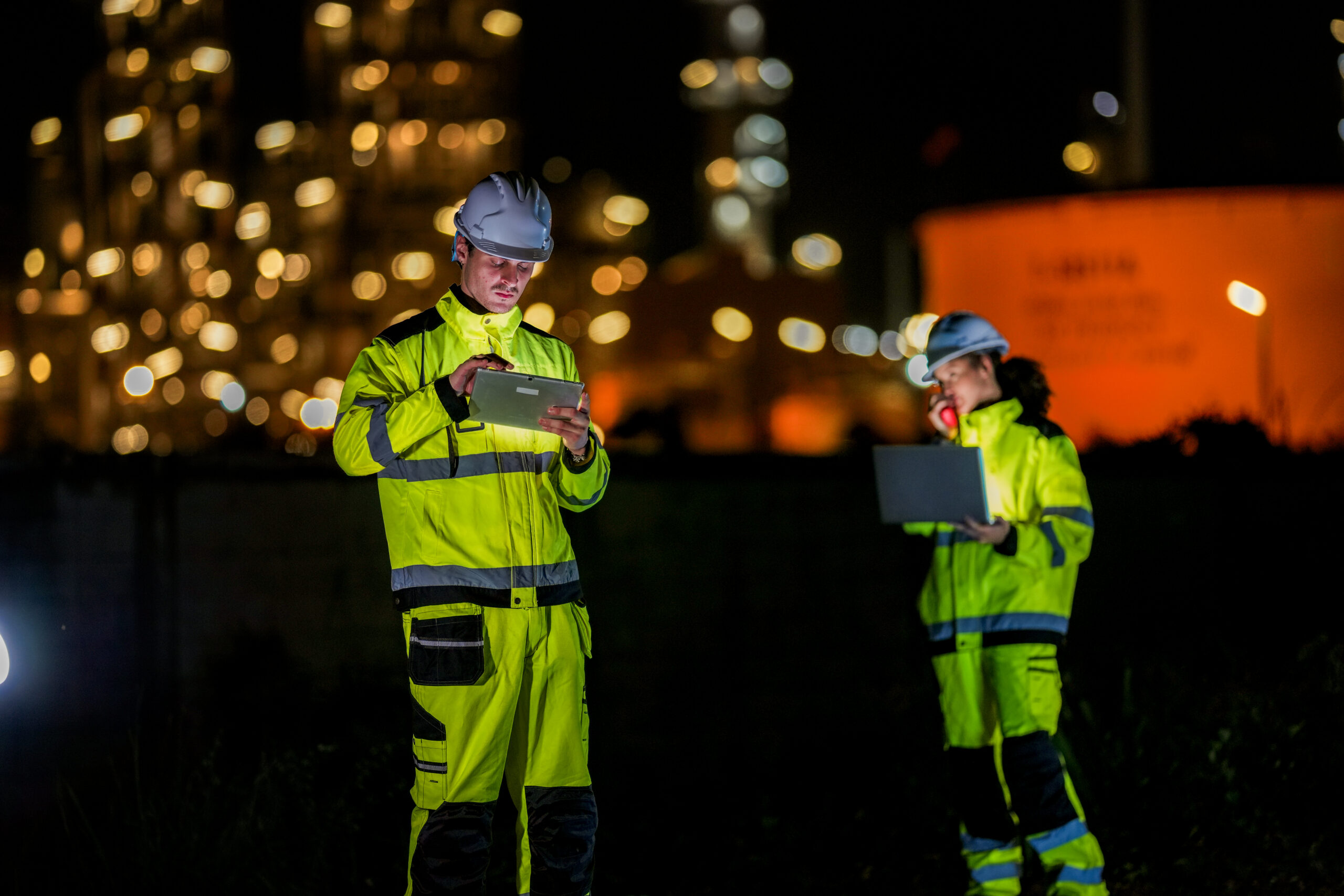 engineers in reflective safety gear review plans on a tablet dur